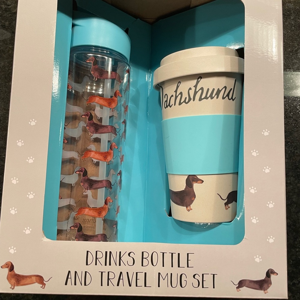Dachshund water bottle and coffee travel mug set.